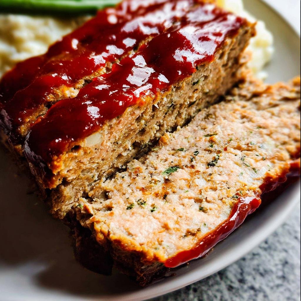 Close-up of a thick slice of Healthy Chicken Meatloaf topped with a shiny red glaze.