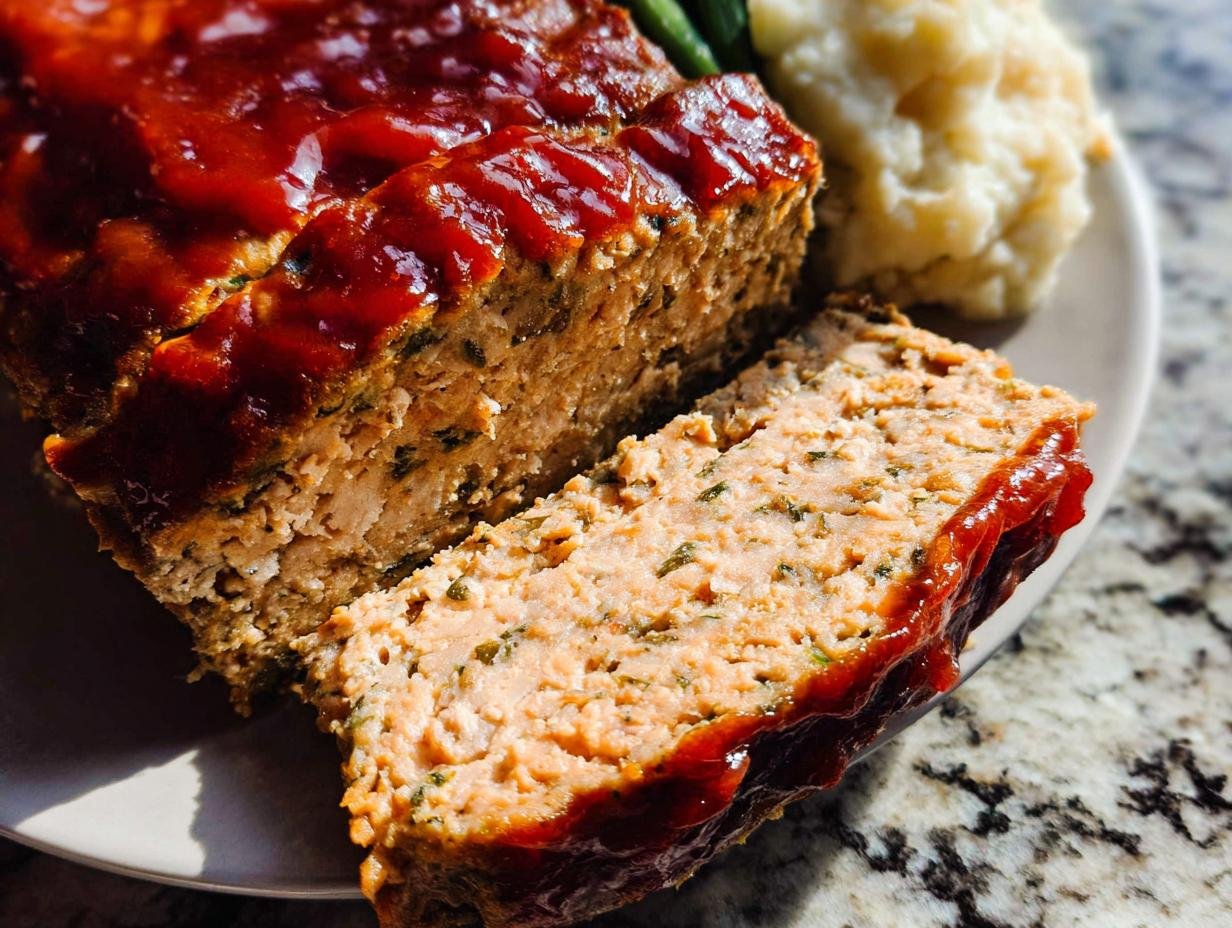 Close-up of a slice of moist Healthy Chicken Meatloaf topped with a glossy red glaze, served with mashed potatoes.