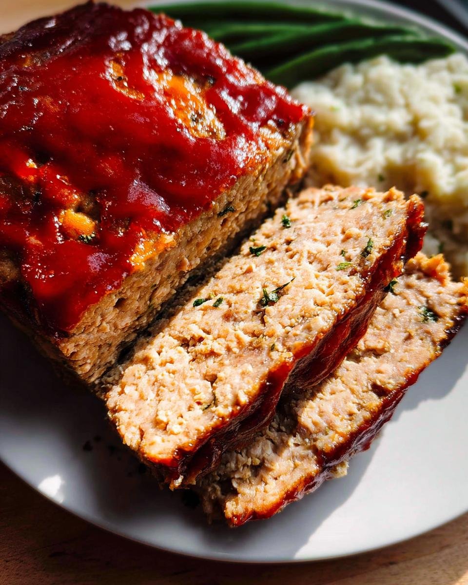Close-up of sliced Healthy Chicken Meatloaf topped with a thick, shiny red glaze, served with mashed cauliflower and green beans.
