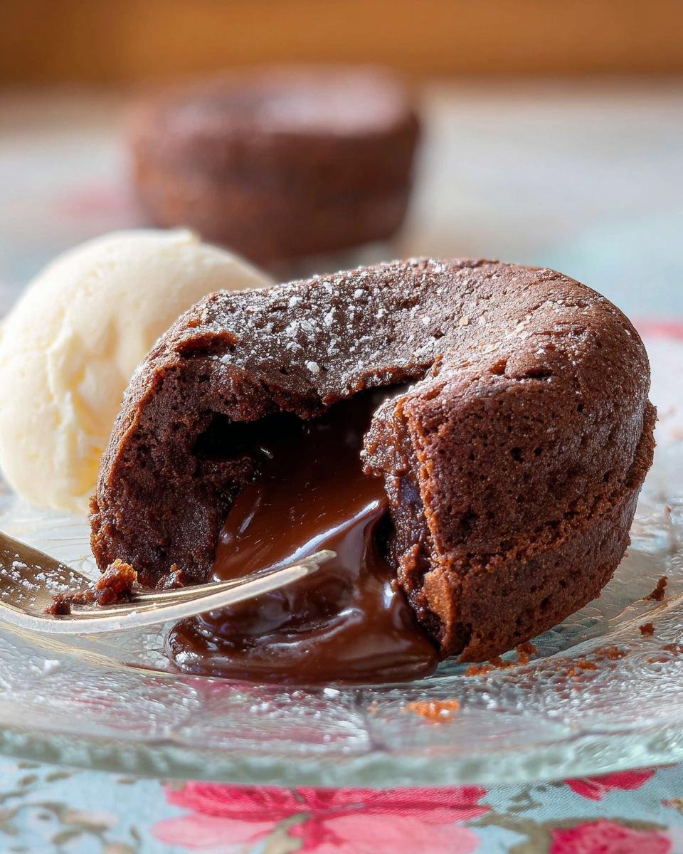 Close-up of a molten chocolate lava cake being broken open, revealing warm gooey center, served with vanilla ice cream.