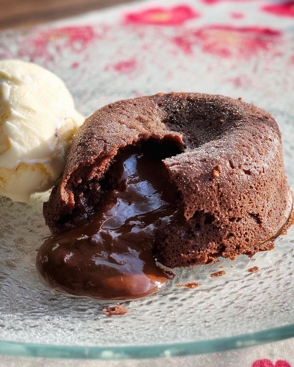 A warm chocolate lava cake oozing melted chocolate, served with vanilla ice cream, perfect for Valentine’s Day Healthy Dessert Ideas.