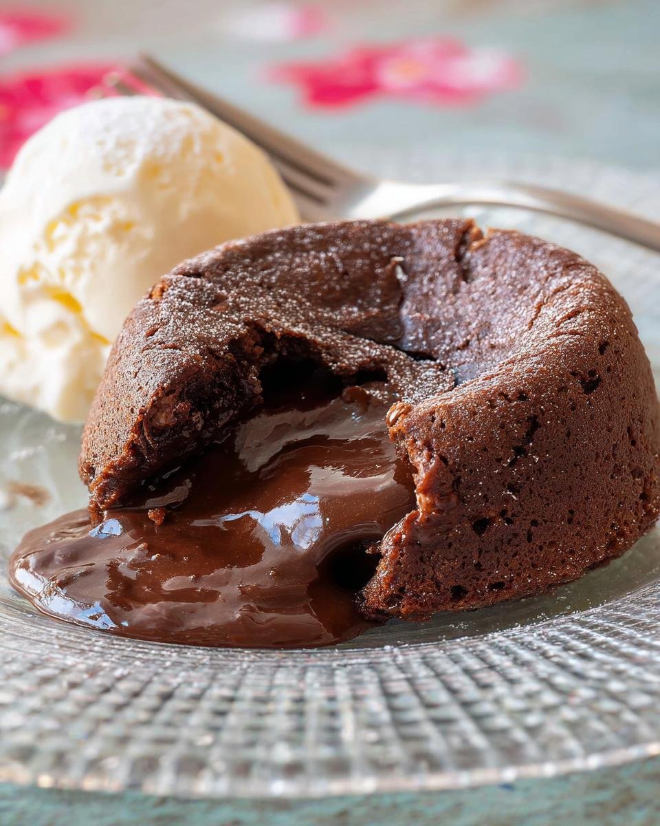 Close-up of a chocolate lava cake with molten center oozing out, served with vanilla ice cream, perfect for Valentine’s Day Healthy Dessert Ideas.