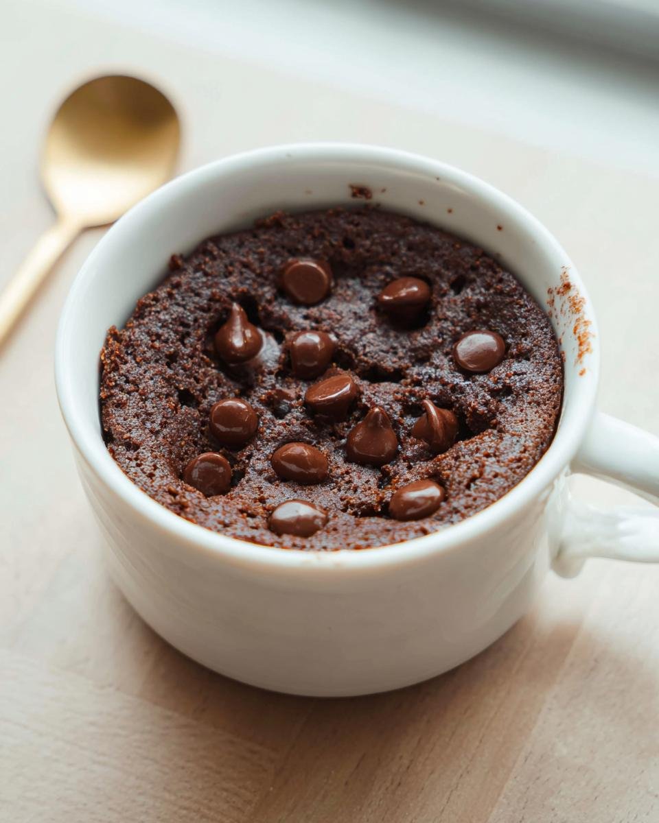 Close-up of a rich, dark Healthy Chocolate Mug Cake topped with melted chocolate chips in a white mug.