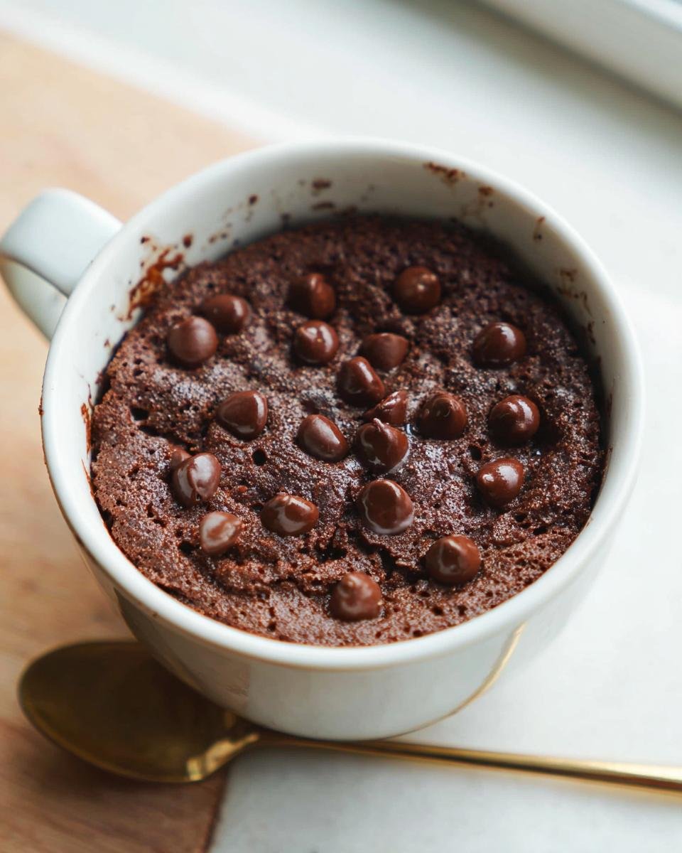Close-up of a freshly baked Healthy Chocolate Mug Cake topped with melted chocolate chips in a white mug.