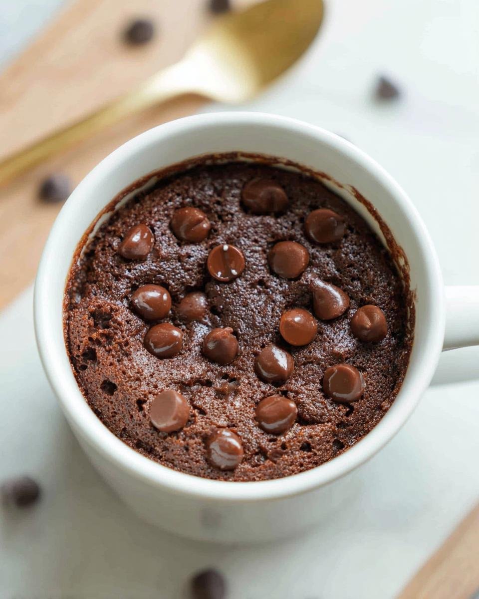 A freshly baked Healthy Chocolate Mug Cake topped with melted chocolate chips inside a white mug.