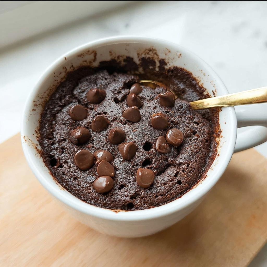 A close-up of a freshly baked Healthy Chocolate Mug Cake topped with chocolate chips in a white mug.