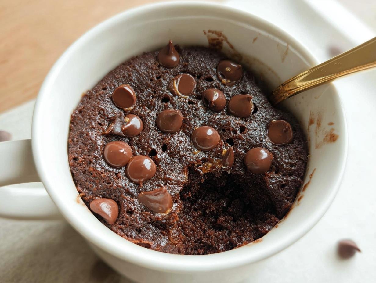 A close-up of a rich, dark Healthy Chocolate Mug Cake topped with melted chocolate chips, with a spoon taking a bite.