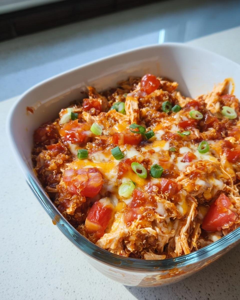 Close-up of a quinoa and shredded chicken dish topped with melted cheese, tomatoes, and green onions, a perfect Healthy Comfort Food for Dinner.
