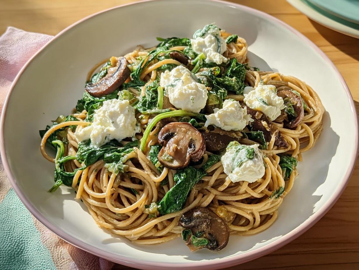 A bowl of whole wheat pasta tossed with spinach, mushrooms, and dollops of fresh ricotta cheese, perfect for healthy comfort food recipes.