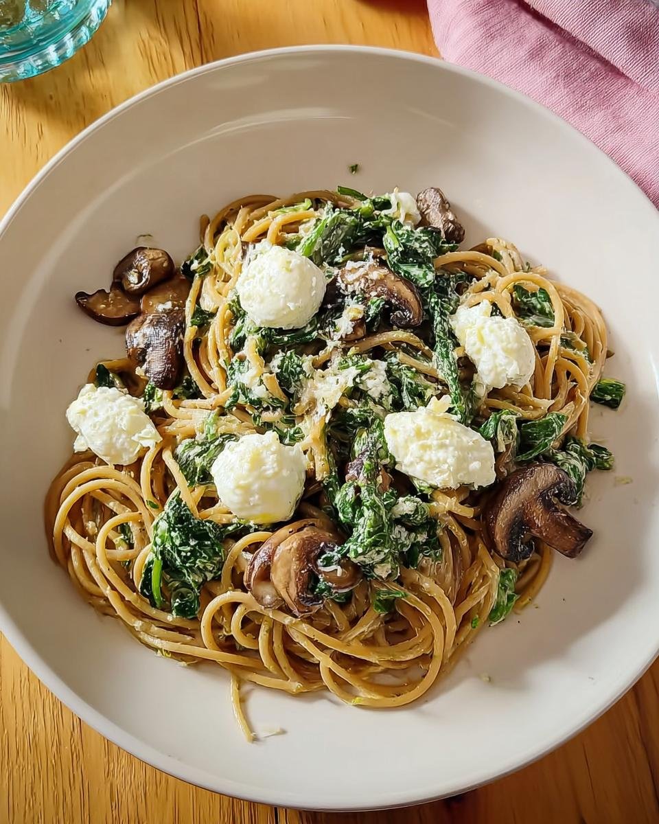 Whole wheat spaghetti with sautéed mushrooms, spinach, and dollops of ricotta cheese, a great example of Healthy Comfort Food Recipes.