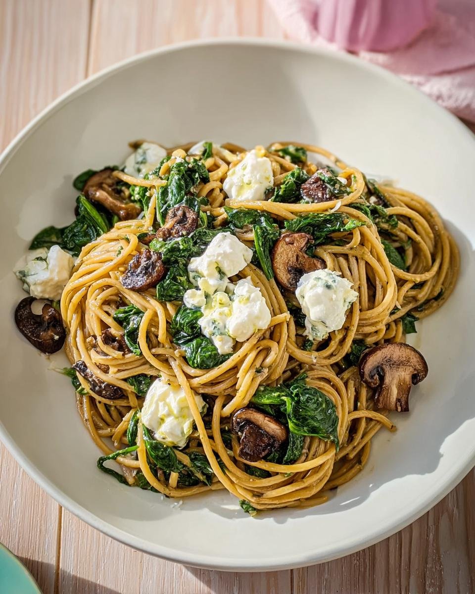 Whole wheat spaghetti tossed with spinach, mushrooms, and dollops of ricotta cheese, a great example of Healthy Comfort Food Recipes.