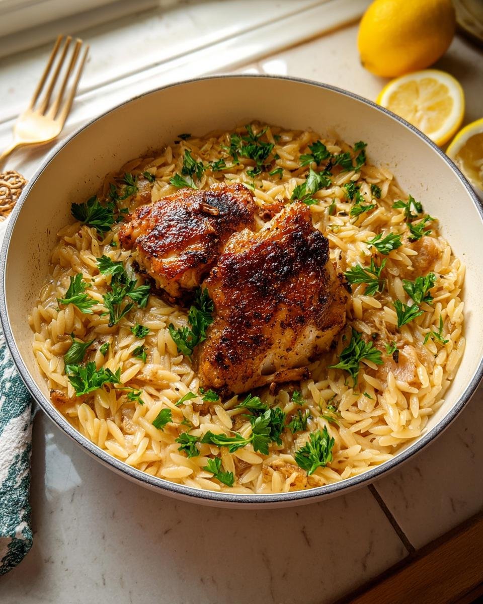 Close-up of a one-pan recipe featuring seasoned chicken thighs over creamy orzo pasta, garnished with parsley.