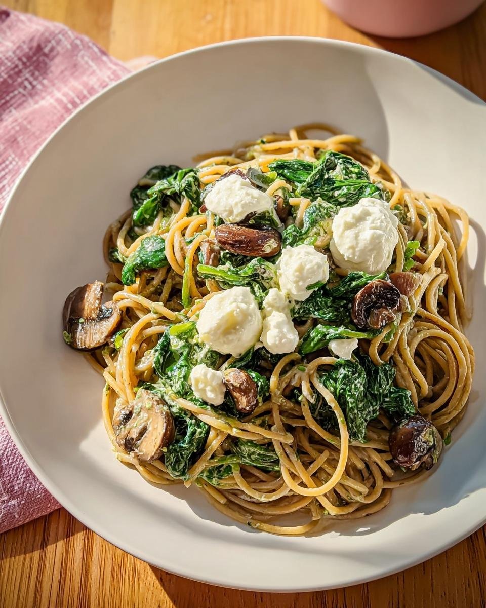 A bowl of whole wheat pasta tossed with spinach, mushrooms, and dollops of fresh mozzarella, fitting for Healthy Comfort Food Recipes.