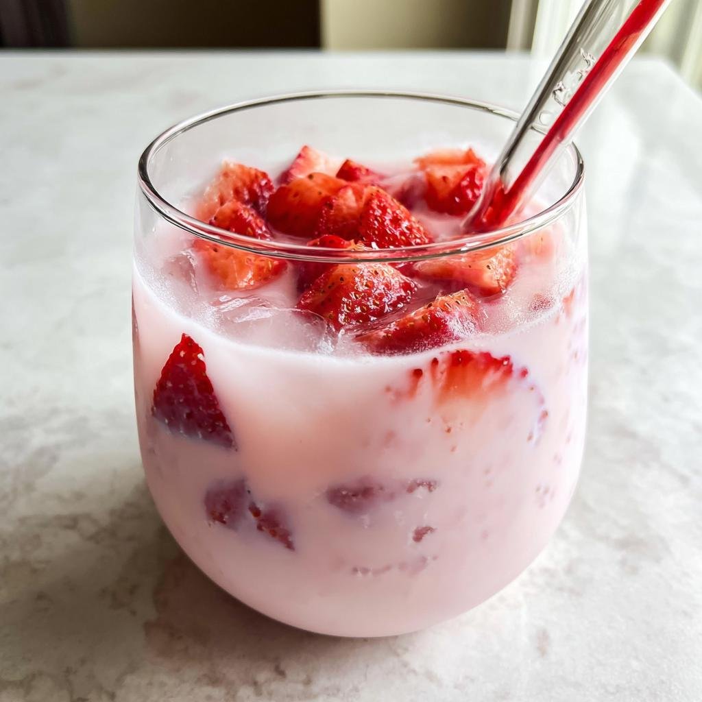 Glass of pink, creamy strawberry milk with fresh chopped strawberries, perfect for Valentine’s Day Healthy Dessert Ideas.