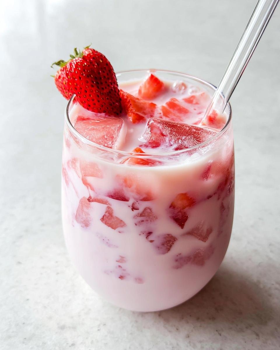 A refreshing glass of pink strawberry milk mixed with ice and fresh strawberry chunks, perfect for Valentine’s Day Healthy Dessert Ideas.