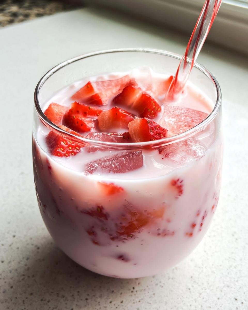 Close-up of a refreshing glass of strawberry milk with fresh chopped strawberries and ice, perfect for Valentine’s Day Healthy Dessert Ideas.