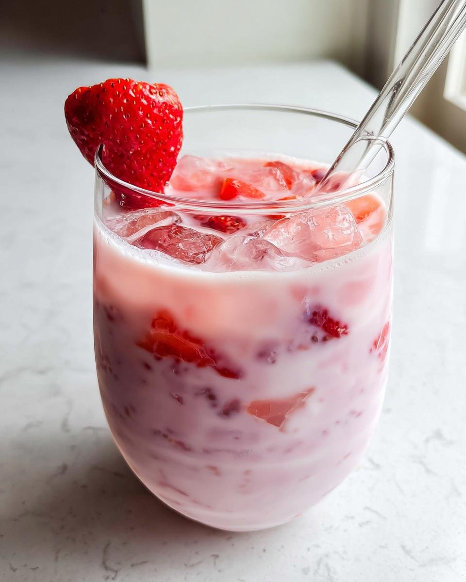 Close-up of a refreshing strawberry milk drink with ice, garnished with a fresh strawberry, perfect for Valentine’s Day Healthy Dessert Ideas.