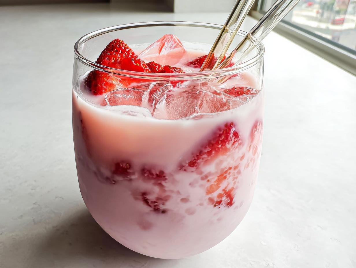 A refreshing glass of pink strawberry milk with fresh strawberries and ice, perfect for Valentine’s Day Healthy Dessert Ideas.