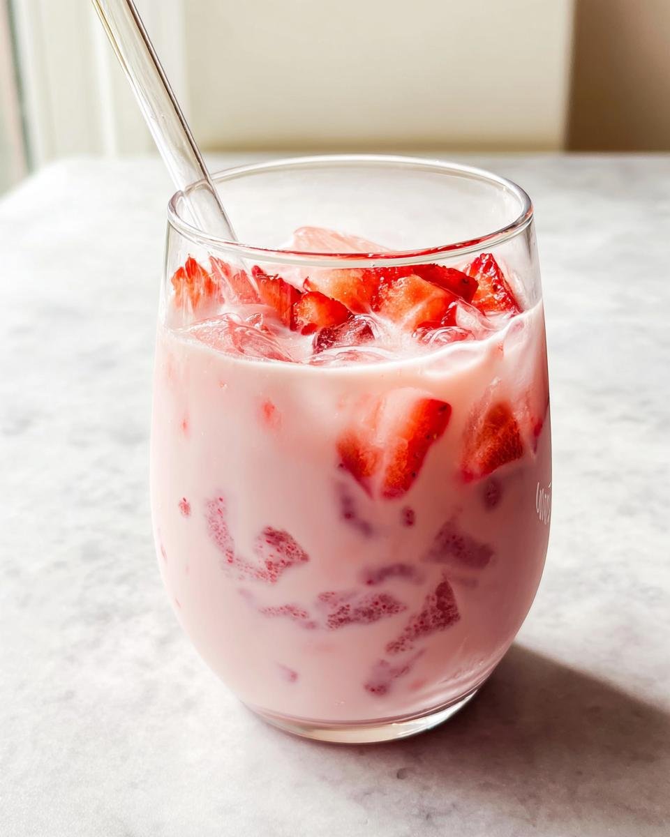 Close-up of a glass filled with pink strawberry milk, ice, and chunks of fresh strawberries, perfect for Valentine’s Day Healthy Dessert Ideas.