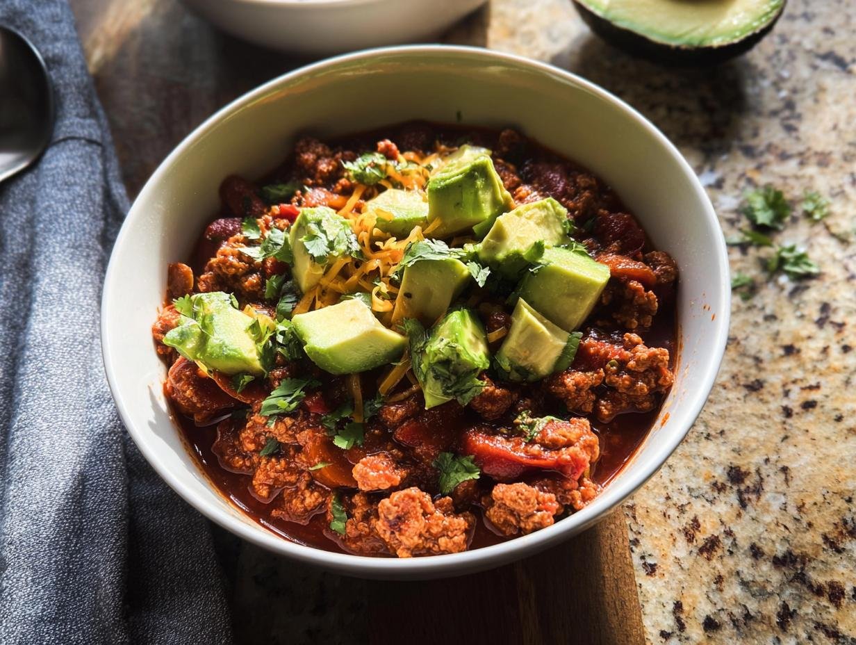 A close-up of a white bowl filled with rich Healthy Turkey Chili, topped with diced avocado and shredded cheese.