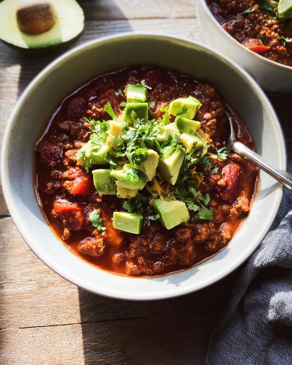 A close-up of a bowl of Healthy Turkey Chili topped generously with diced avocado and fresh cilantro.