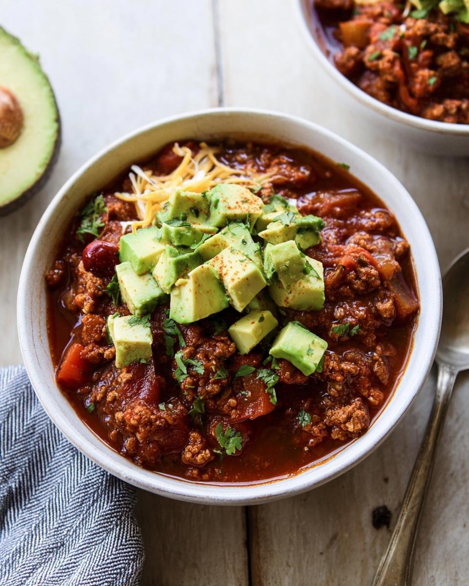 A close-up of a bowl of Healthy Turkey Chili topped generously with diced avocado and shredded cheese.
