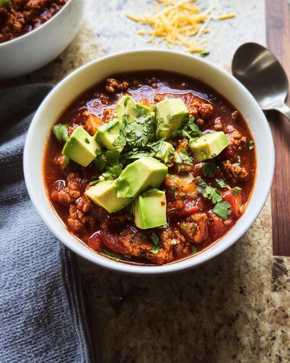A close-up of a white bowl filled with Healthy Turkey Chili, topped generously with diced avocado and cilantro.