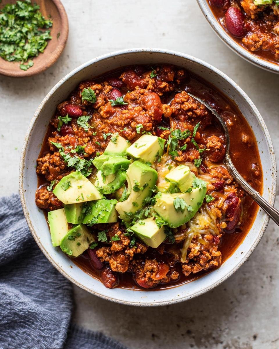 Overhead view of a bowl of rich, hearty Healthy Turkey Chili topped generously with diced avocado and fresh cilantro.