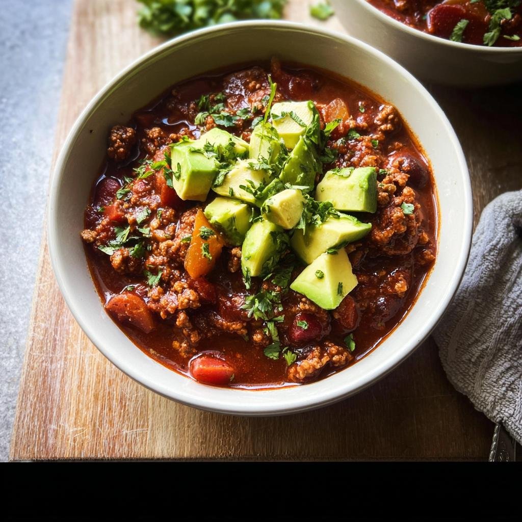 A close-up of a bowl of rich, hearty Healthy Turkey Chili topped with fresh avocado chunks and cilantro.