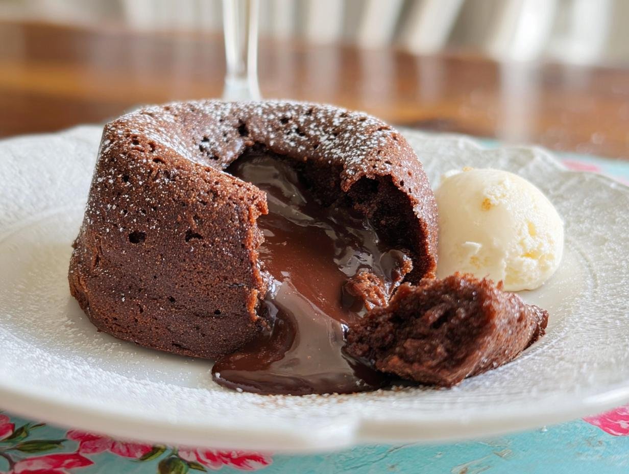 A warm chocolate lava cake with molten center served with vanilla ice cream, perfect for Valentine’s Day Healthy Dessert Ideas.