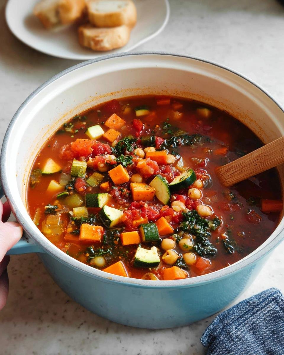 A light blue pot filled with vibrant, chunky Healthy Winter Soup Ideas featuring sweet potatoes, zucchini, and chickpeas.