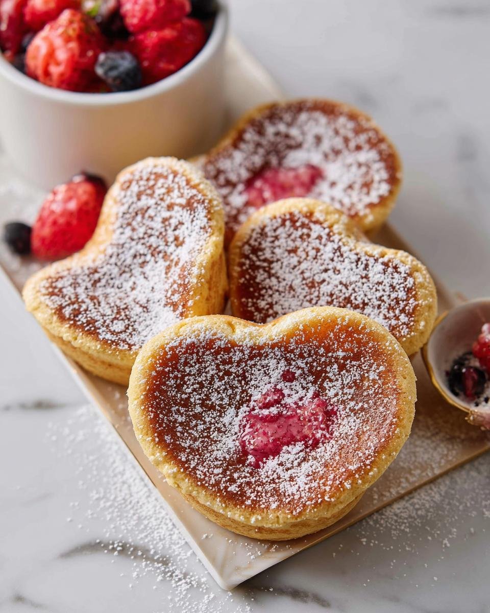 Four heart-shaped dessert cups dusted with powdered sugar, featuring a berry center, part of the 5-Ingredient Healthy Valentine’s Dessert Cups recipe.