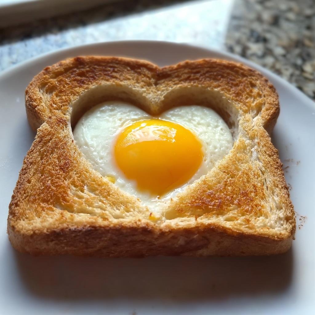A perfectly cooked sunny-side-up egg nested inside a piece of toast cut into a heart shape, creating Heart-Shaped Egg Toast.