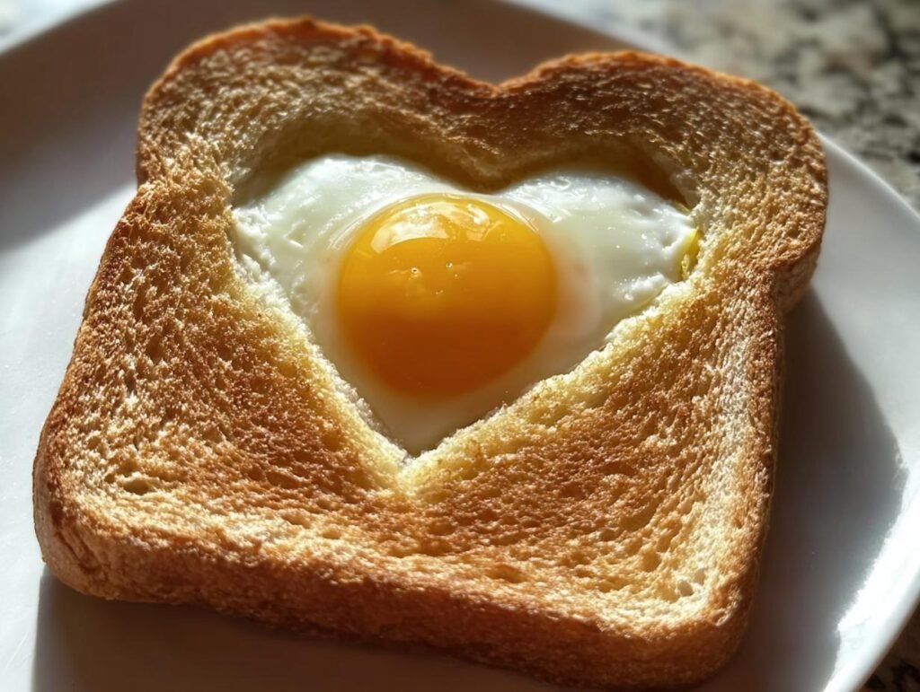 Close-up of perfectly cooked Heart-Shaped Egg Toast with a bright, runny yolk centered in the bread.