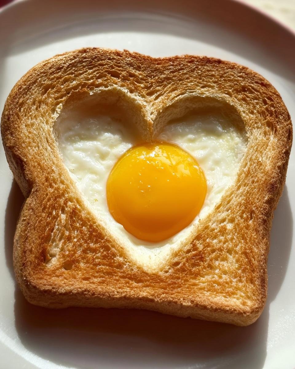A close-up of perfectly cooked Heart-Shaped Egg Toast with a bright, runny yolk centered in the toast cutout.
