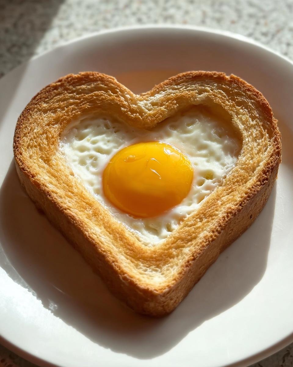 A perfectly cooked Heart-Shaped Egg Toast with a bright yellow yolk centered in toasted bread.