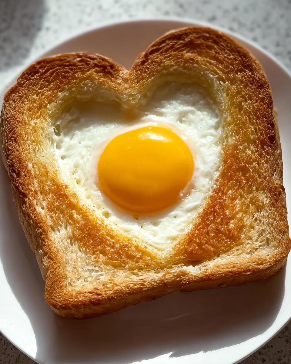 Close-up of perfectly cooked Heart-Shaped Egg Toast with a bright, runny yolk centered in the toast cutout.