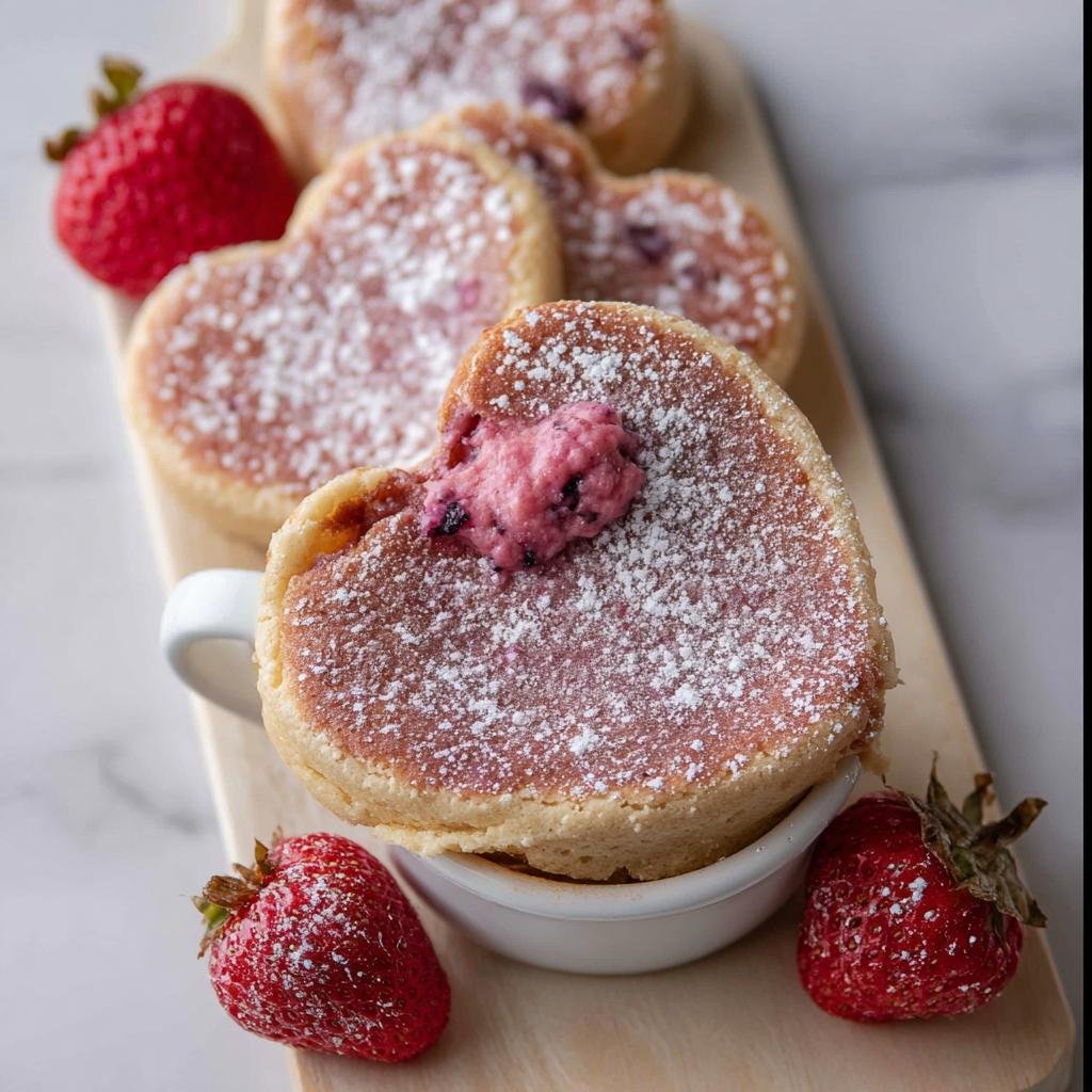Close-up of a heart-shaped baked dessert cup dusted with powdered sugar, topped with pink berry cream, part of the 5-Ingredient Healthy Valentine’s Dessert Cups.