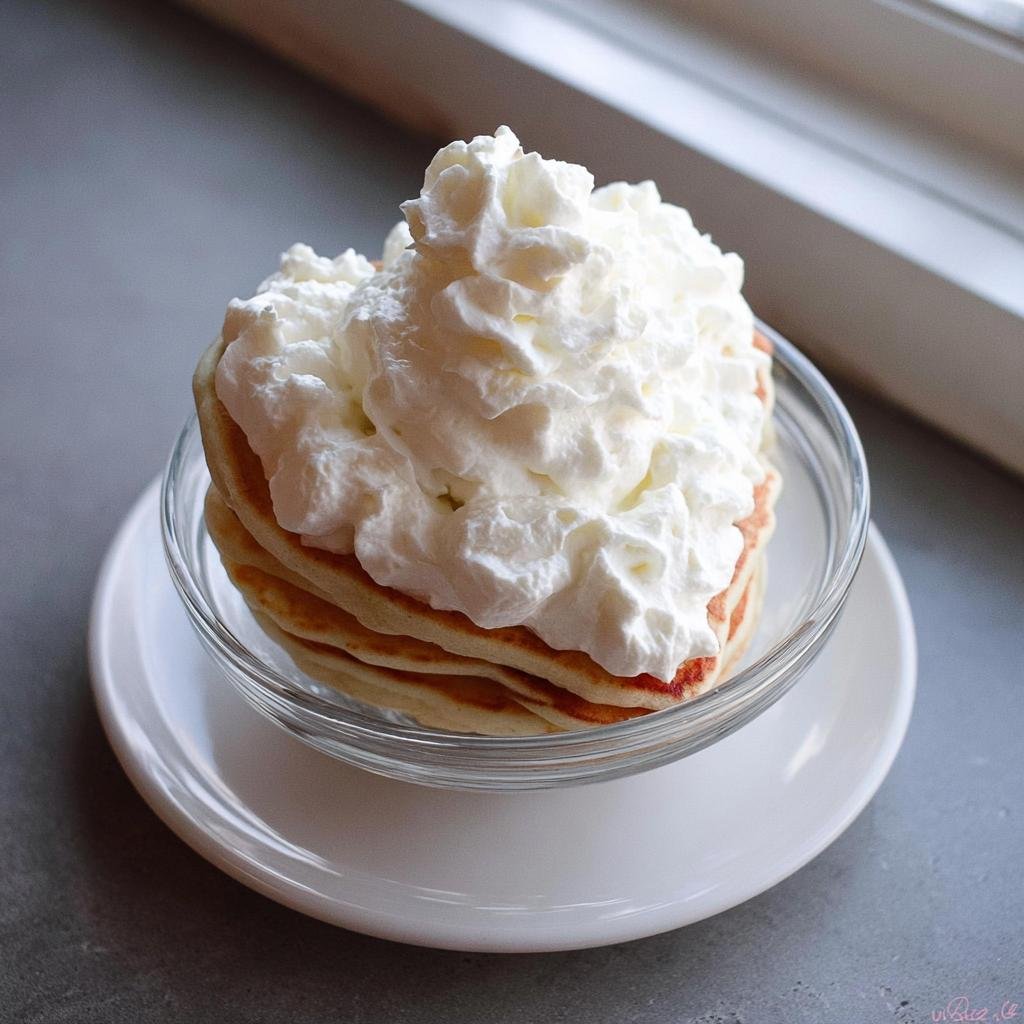 A stack of small Heart-Shaped Protein Pancakes topped generously with fluffy whipped cream in a glass bowl.