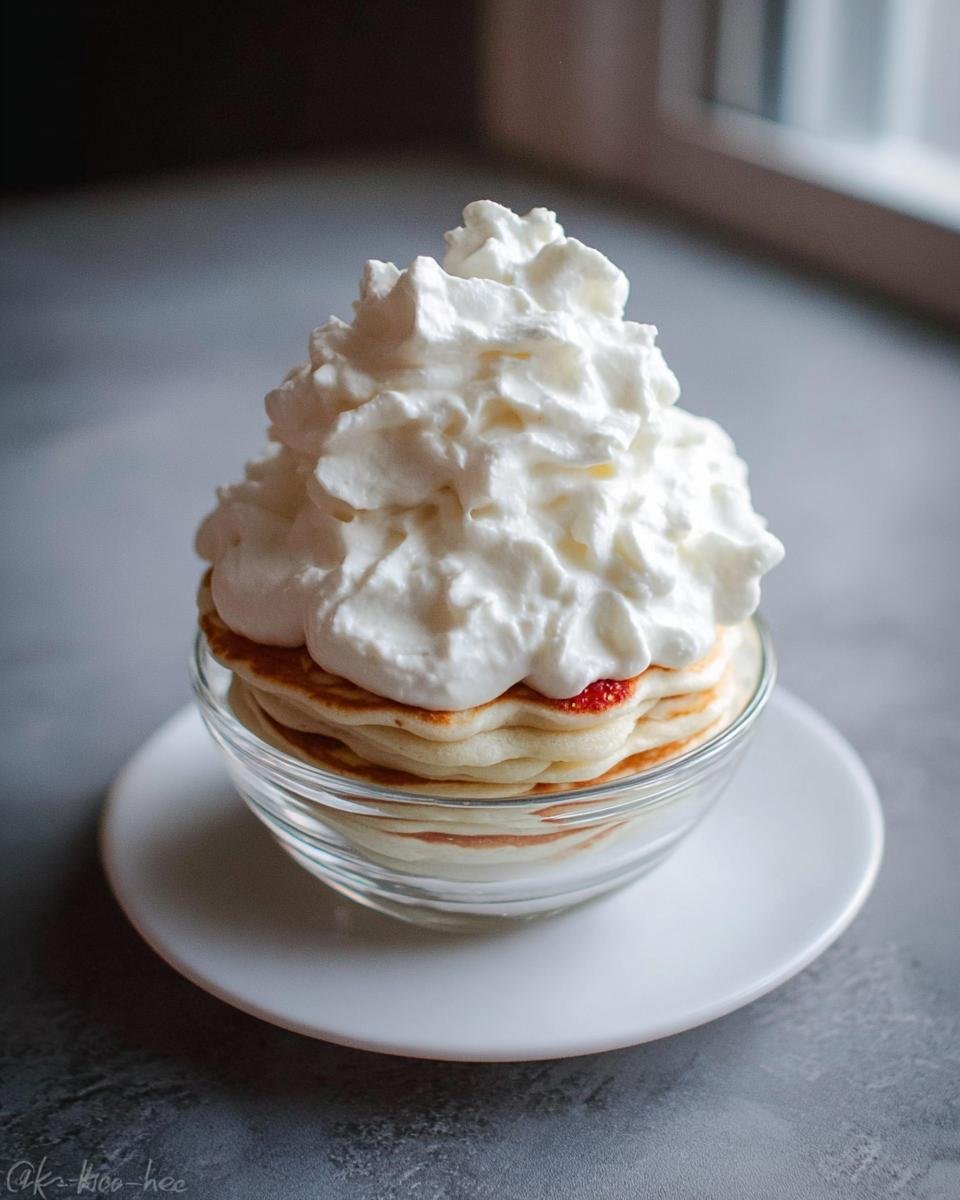 A stack of small Heart-Shaped Protein Pancakes served in a glass bowl and topped with a large dollop of whipped cream.