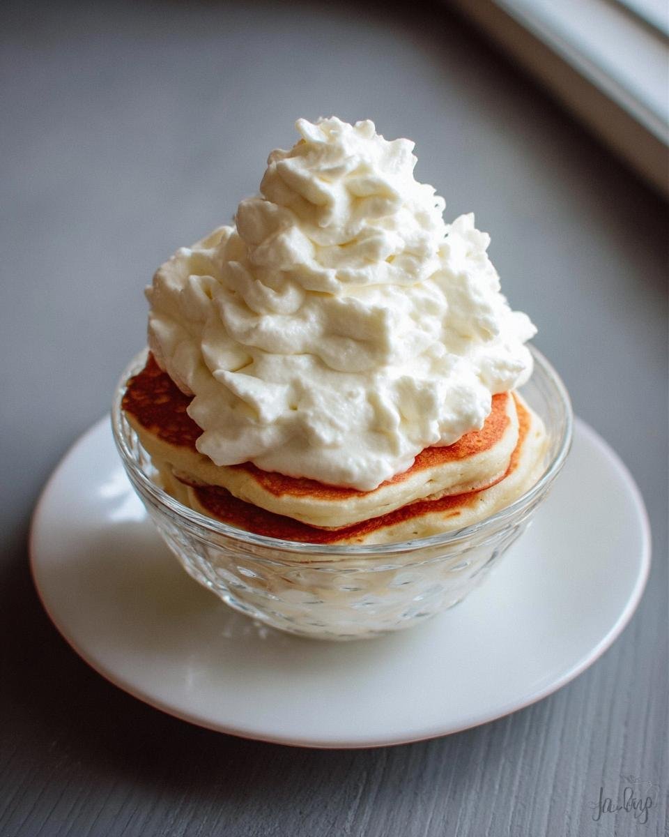 A stack of small, round Heart-Shaped Protein Pancakes topped with a generous swirl of whipped cream in a glass bowl.