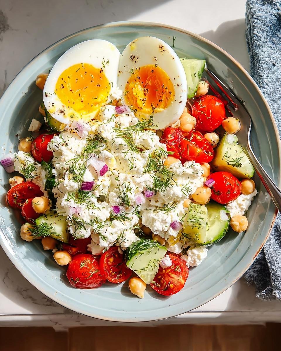 High-Protein Healthy Dinners for Energy: Cottage cheese salad topped with soft-boiled eggs, tomatoes, cucumbers, and chickpeas.