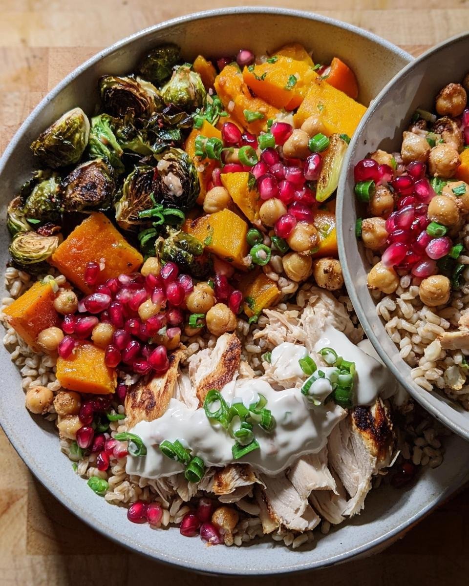 A vibrant, high-protein grain bowl featuring shredded chicken, roasted butternut squash, Brussels sprouts, chickpeas, and pomegranate seeds.