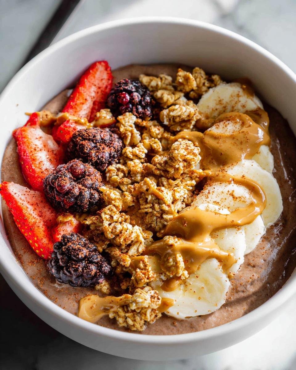 Close-up of a High-Protein Greek Yogurt Breakfast Bowl topped with peanut butter, granola, strawberries, blackberries, and banana slices.