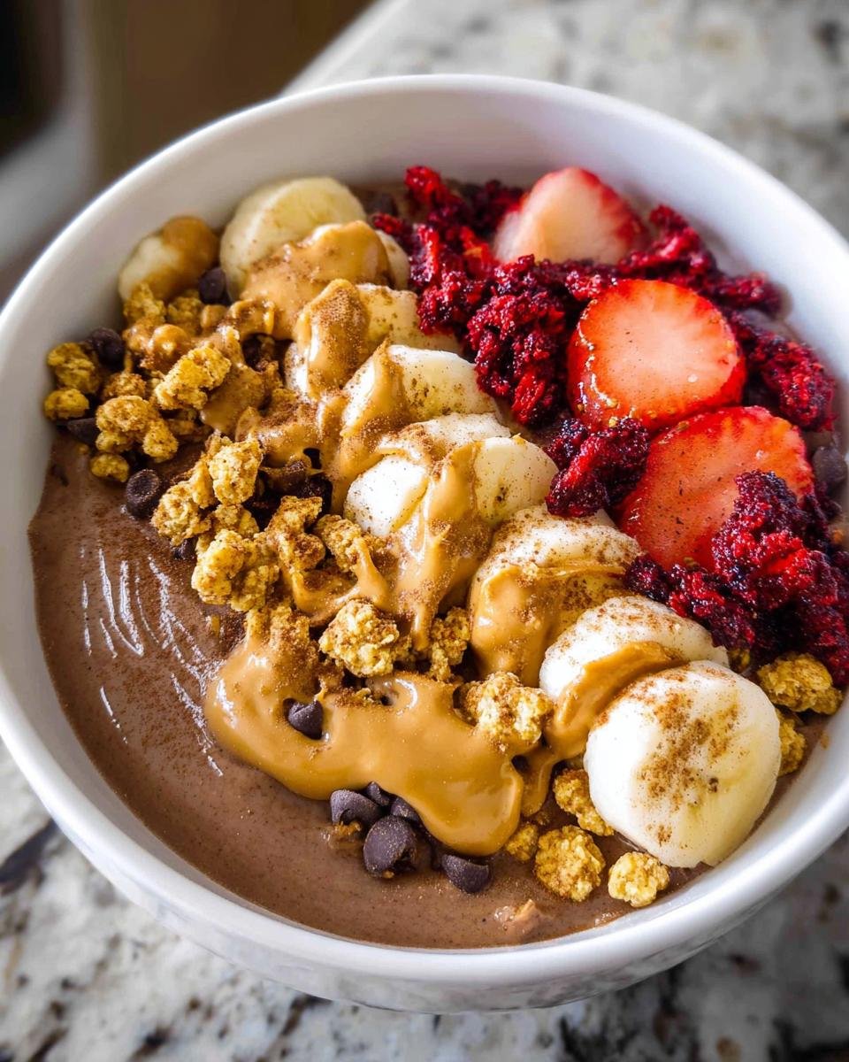 Close-up of a High-Protein Greek Yogurt Breakfast Bowl topped with banana, peanut butter, granola, and berries.