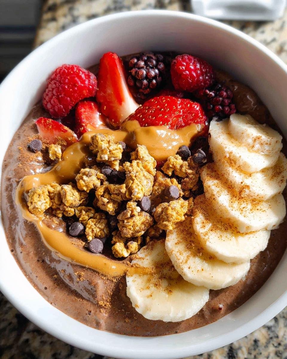 Close-up of a chocolate High-Protein Greek Yogurt Breakfast Bowl topped with berries, banana, granola, and peanut butter.