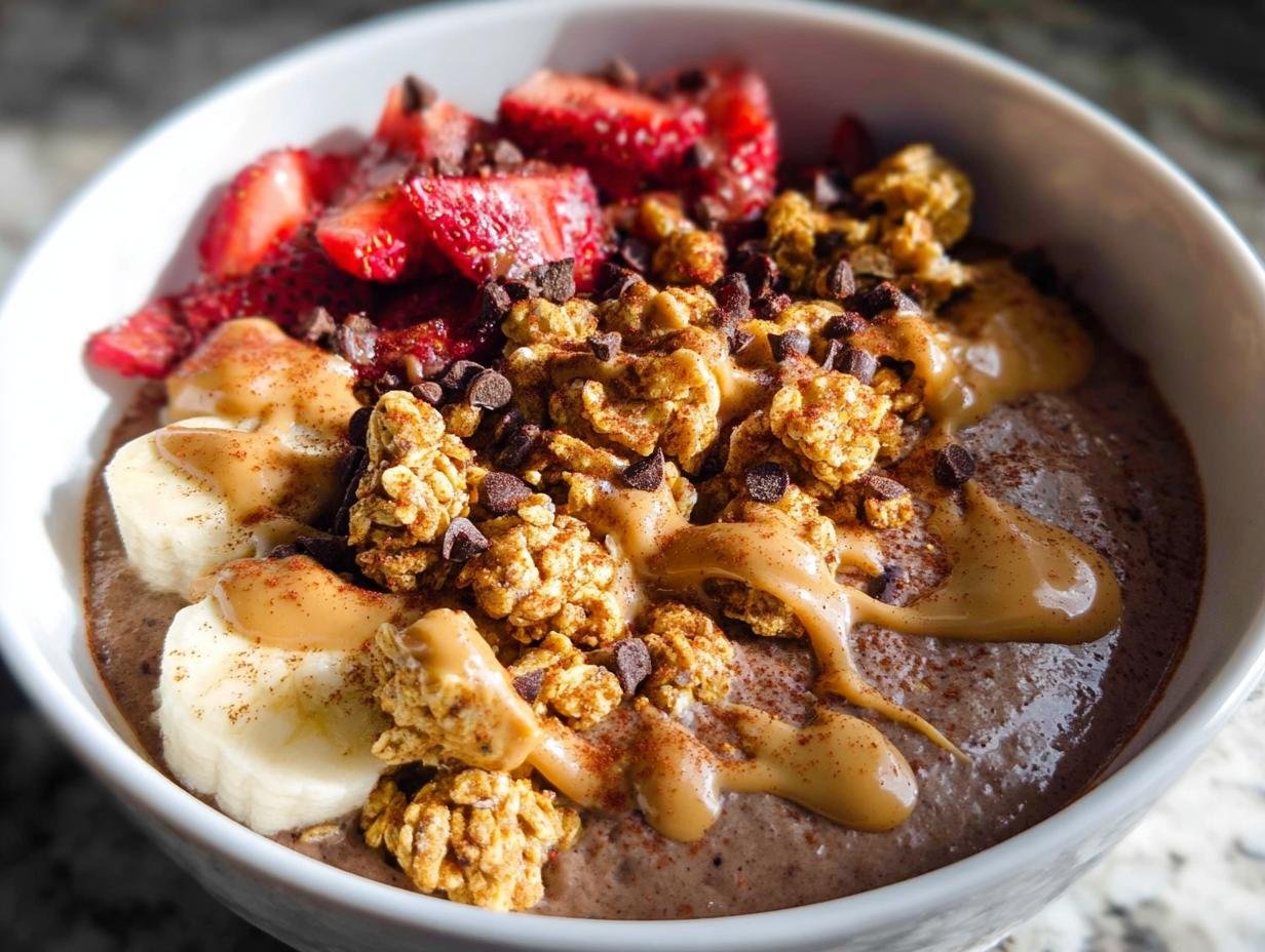 Close-up of a High-Protein Greek Yogurt Breakfast Bowl topped with strawberries, banana, granola, peanut butter, and chocolate chips.