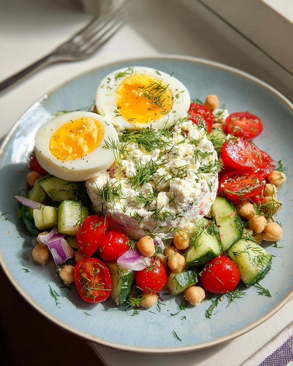 A vibrant, high-protein healthy dinner featuring a molded serving of feta cheese, topped with soft-boiled eggs, cucumbers, tomatoes, and chickpeas.