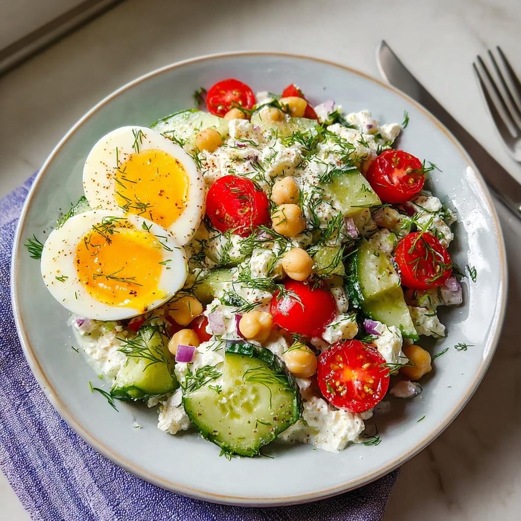 A bowl of high-protein healthy dinners featuring cottage cheese salad with soft-boiled eggs, chickpeas, and tomatoes.