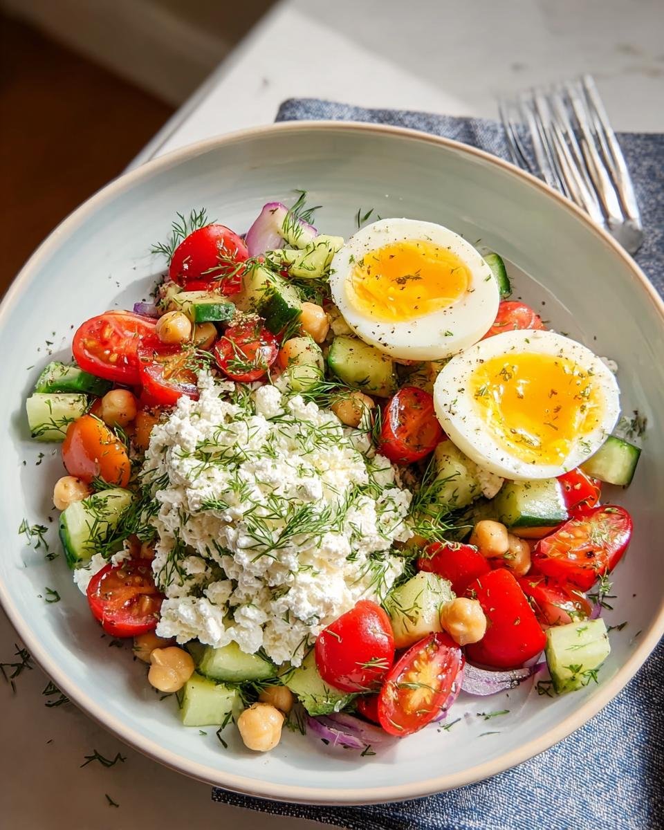 Bright bowl featuring a high-protein healthy dinner with cottage cheese, soft-boiled eggs, tomatoes, cucumbers, and chickpeas.